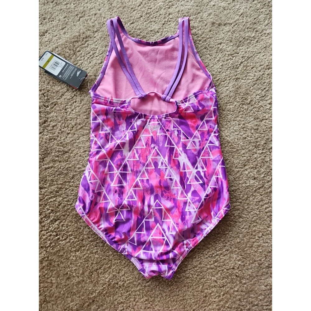 Speedo Girls One Piece Swimsuit High Neck Printed Size 14